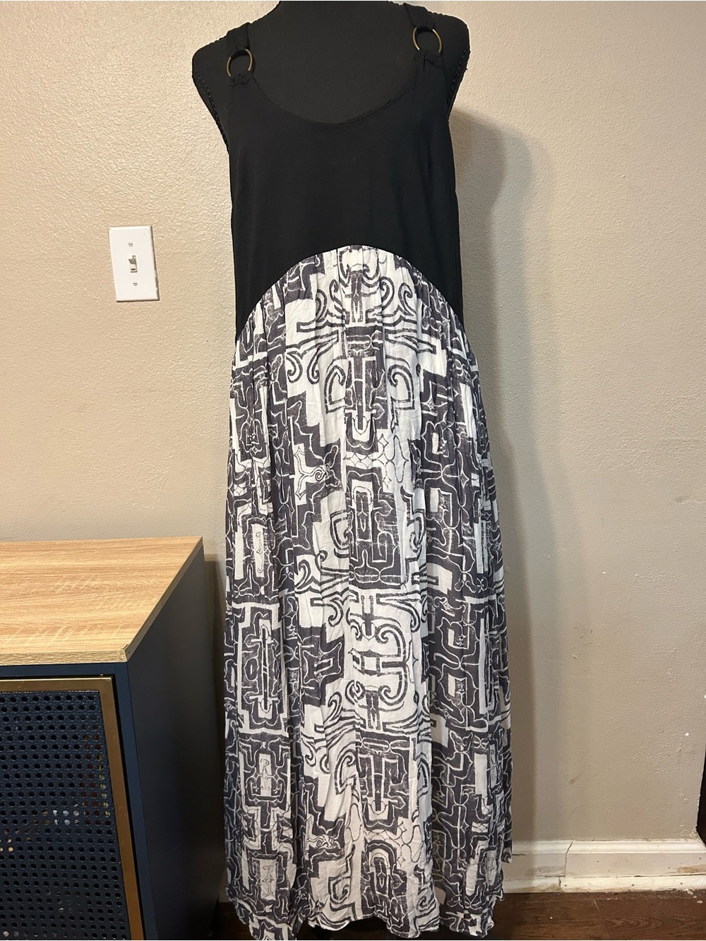 By Anthropologie Small Black White Abstract Maxi Dress Ring Strap Boho